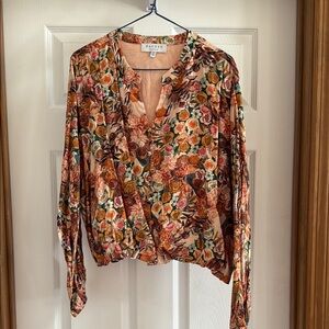Hayden Brown Floral Wrap Blouse with Mandarin Collar